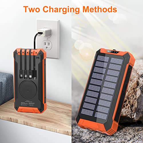 Solar Charger 36000mAh Qi Wireless Portable Charger Power Bank Built in 4 Cables USB C Quick Charge with LED Flashlight 6 Output & 3 Input External Battery Pack for Cell Phone
