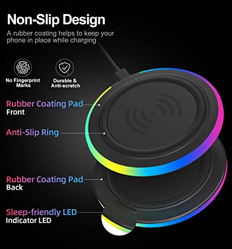 Wireless Charger Pad, 15W Max Fast RGB Wireless Charging Pad Compatible iPhone 14/14 Plus/14 Pro/14 Pro Max/13/13 Mini/SE 2022/12/11/X/8,Samsung Galaxy S22/S21/S20,AirPods 3 2 Pro(No AC Adapter) Black
