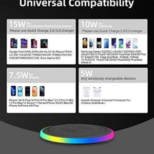 Wireless Charger Pad, 15W Max Fast RGB Wireless Charging Pad Compatible iPhone 14/14 Plus/14 Pro/14 Pro Max/13/13 Mini/SE 2022/12/11/X/8,Samsung Galaxy S22/S21/S20,AirPods 3 2 Pro(No AC Adapter) Black