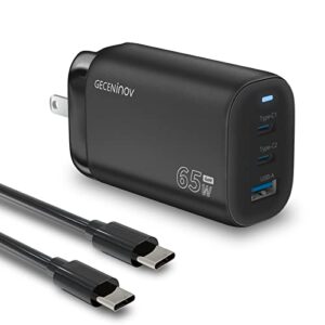 65w wall charger, geceninov gan charger, latest gan iii chip, 3-port usb c charger with 5ft usb-c cable for macbook pro/air, ipad pro/air, iphone 14/13/12 mini/pro/max, s22/s21/s20, pixel 6/5 and more