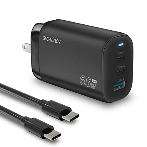 65W Wall Charger, Geceninov GaN Charger, Latest GaN III Chip, 3-Port USB C Charger with 5ft USB-C Cable for MacBook Pro/Air, iPad Pro/Air, iPhone 14/13/12 Mini/Pro/Max, S22/S21/S20, Pixel 6/5 and more