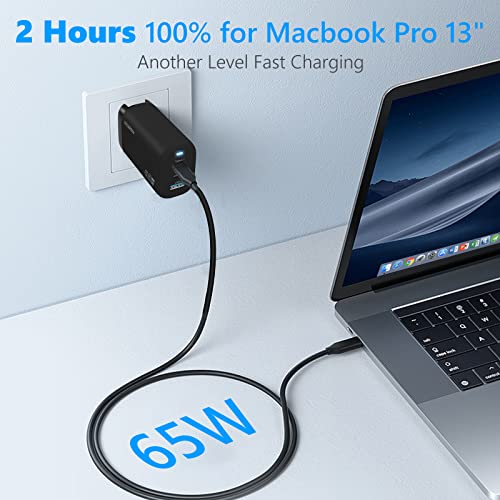 65W Wall Charger, Geceninov GaN Charger, Latest GaN III Chip, 3-Port USB C Charger with 5ft USB-C Cable for MacBook Pro/Air, iPad Pro/Air, iPhone 14/13/12 Mini/Pro/Max, S22/S21/S20, Pixel 6/5 and more