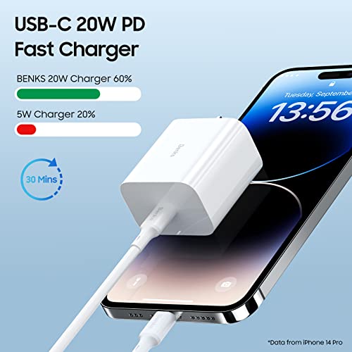 BENKS for iPhone 14 Fast Charging, 20W USB C Wall Charger TÜV Certified, USB-C Fast Wall Charger Compatible with iPhone 14/14 Plus/14 Pro/14 Pro Max, PD Block Adapter for iPad iPhone 13/12 Series