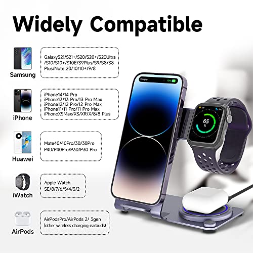 Wireless Charger, Aluminum Alloy 3 in 1 Wireless Charging Station for Apple iPhone/iWatch/Airpods,iPhone 14,13,12,11 (Pro, ProMax)/XS/XR/XS/X/8(Plus),iWatch8/7/6/SE/5/4/3/2,AirPods 3/2/pro