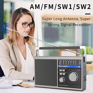 Portable AM FM Radio, Shortwave Transistor Radio with Best Reception, Battery Operated or AC Power Retro Radio with Big Bluetooth Speaker, Earphone Jack USB TF Card AUX Input, for Senior(Gray)