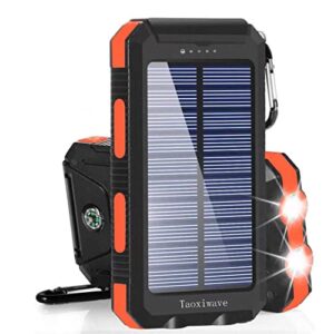 solar charger power bank 20000mah waterproof portable external backup battery charger built-in dual usb/flashlight and compass for all cell phone and electronic devices(black & orange)