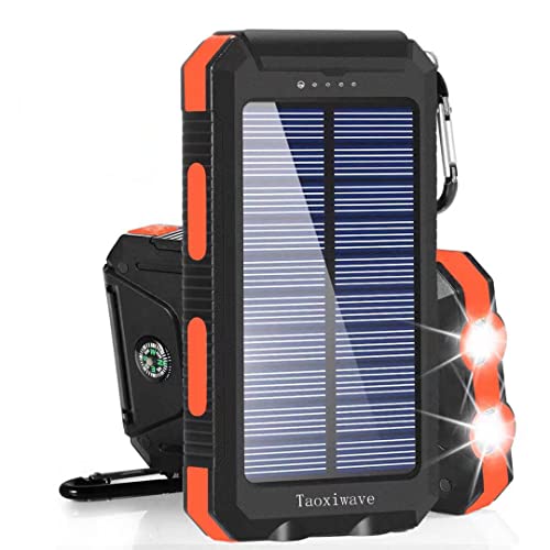 Solar Charger Power Bank 20000mAh Waterproof Portable External Backup Battery Charger Built-in Dual USB/Flashlight and Compass for All Cell Phone and Electronic Devices(Black & Orange)