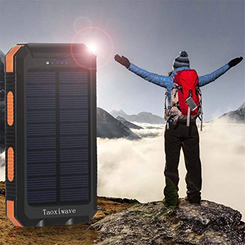 Solar Charger Power Bank 20000mAh Waterproof Portable External Backup Battery Charger Built-in Dual USB/Flashlight and Compass for All Cell Phone and Electronic Devices(Black & Orange)