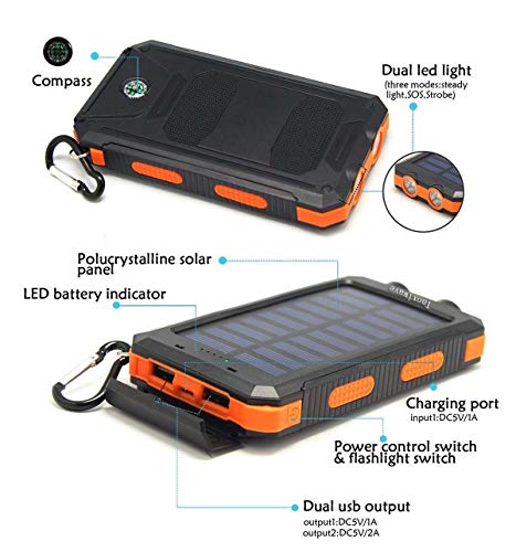 Solar Charger Power Bank 20000mAh Waterproof Portable External Backup Battery Charger Built-in Dual USB/Flashlight and Compass for All Cell Phone and Electronic Devices(Black & Orange)