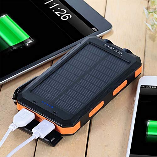 Solar Charger Power Bank 20000mAh Waterproof Portable External Backup Battery Charger Built-in Dual USB/Flashlight and Compass for All Cell Phone and Electronic Devices(Black & Orange)