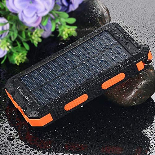 Solar Charger Power Bank 20000mAh Waterproof Portable External Backup Battery Charger Built-in Dual USB/Flashlight and Compass for All Cell Phone and Electronic Devices(Black & Orange)