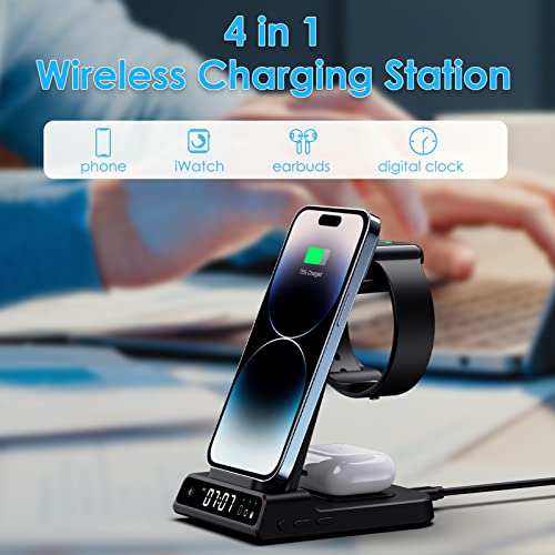 Charging Station for Apple,Wireless Charger 4 in 1 with Digital Clock, Wireless Charging Station for iPhone 14/13/12/11/X Series, for Apple Watch Ultra/Series 8/7/6/5, Air Pods Pro 2/3/Pro