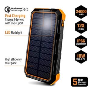 ToughTested Bigfoot Portable Solar Charger - with 4-Mode LED Flashlight- IP67 All Weather, High Efficiency Solar Panel Charger for iPhone & Android Smartphones & Tablets, Drones, Cameras, (24000mAh)