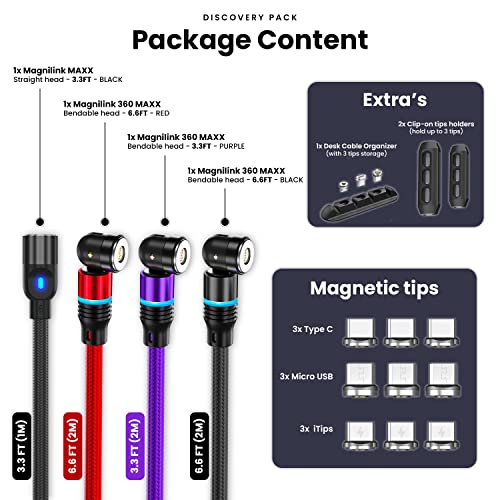 Magnilink Magnetic Charging Cable Discovery 4-Pack - 18W Charging, Data Transfer, Car Sync Universal USB Cord with 360 Magnet Head - Works with All Devices (Type C, Micro, iProducts)