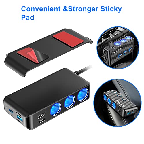 Car Cigarette Lighter Adapter, Dual USB C PD30W 3-sockets car Cigarette Splitter & QC 3.0 Fast car Charger for 12V/24V Vehicles, 222W LED Indicator & Independent Switches for GPS/Dash Cam/Phone
