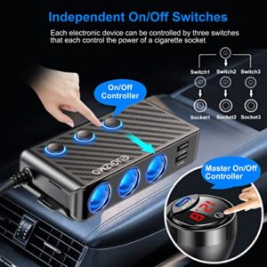 Car Cigarette Lighter Adapter, Dual USB C PD30W 3-sockets car Cigarette Splitter & QC 3.0 Fast car Charger for 12V/24V Vehicles, 222W LED Indicator & Independent Switches for GPS/Dash Cam/Phone