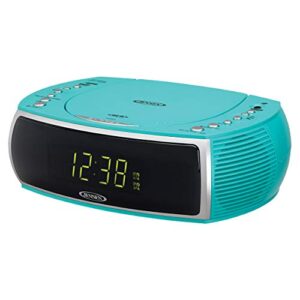 jensen turquoise modern home cd tabletop stereo clock digital am/fm radio cd player dual alarm clock stereo cd top-loading disc player | usb charging port dv 5v 800ma | headphone jack | 0.9 display