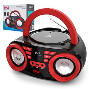 pyle portable cd player bluetooth boombox speaker – am/fm stereo radio & audio sound, supports cd-r-rw/mp3/wma, usb, aux, headphone, led display, ac/battery powered, red black – phcd22
