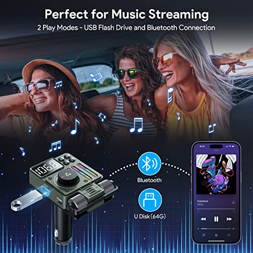 LENCENT FM Bluetooth 5.3 Transmitter for Car, Adjustable Treble and Bass Sound Music Player, Bluetooth Car Adapter for Hands Free Calls, Supports PD30W Fast Charging, U Disk, Siri Google Assistant