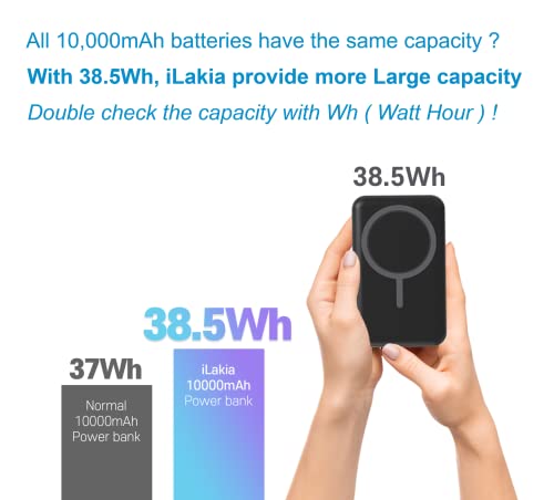 iLakia Magnetic Wireless Power Bank, 10000mAh Portable Charger, Magnetic Battery Pack for iPhone 14 & 13 & 12 Pro/Pro Max/Mini, Android/Samsung, Multi & Fast Charging with USB PD, USB Type-C