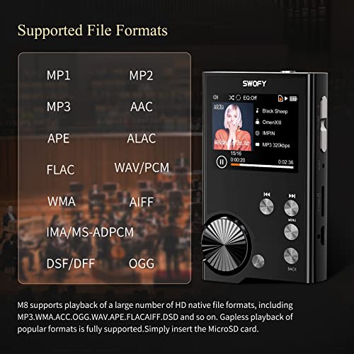 Swofy HiFi MP3 Player Digital Audio Player Lossless DSD High Resolution Digital Audio Music Player, Portable High Definition Portable Audio Player with 128GB Memory Card Supports up to 256GB.