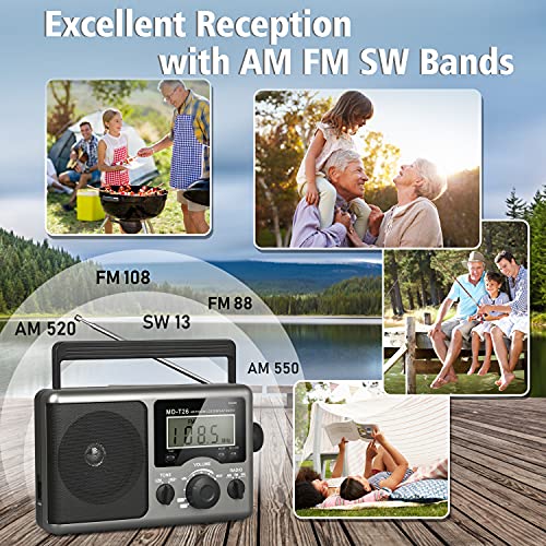 Portable AM FM Shortwave Radio,Battery Operated Radio by 4D Cell Batteries or AC Power Transistor Radio with LCD Display,Time Setting,3.5mm Earphone Jack,Big Speaker,High/Low Tone for Home,Gift