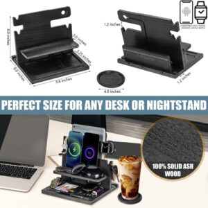 Black Solid Wood Phone Docking Station for up to 3 Phones - Nightstand Organizer for Men & Women Holds Multiple Phones, Tablets, Apple Watch & More - Neatly Stores Keys, Rings, Glasses & EDC