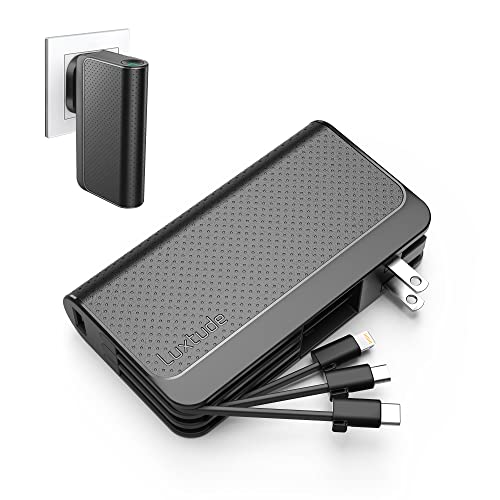 Luxtude Portable Phone Charger Built-in Wall Plug, 10000mAh Power Bank with Cables【iPhone Lightning & USB C & Micro】, Travel Fast Charge External Battery Pack for iPhone, iPad, Android, Samsung etc.