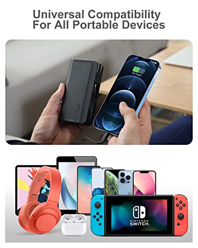 Luxtude Portable Phone Charger Built-in Wall Plug, 10000mAh Power Bank with Cables【iPhone Lightning & USB C & Micro】, Travel Fast Charge External Battery Pack for iPhone, iPad, Android, Samsung etc.