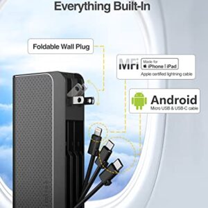 Luxtude Portable Phone Charger Built-in Wall Plug, 10000mAh Power Bank with Cables【iPhone Lightning & USB C & Micro】, Travel Fast Charge External Battery Pack for iPhone, iPad, Android, Samsung etc.