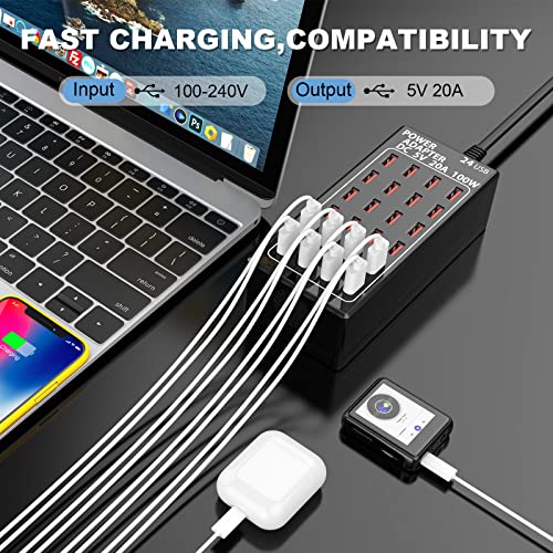 RUANSZZ USB Charging Station Multiport 100W 24-Port USB Desktop Charging Station USB Charger 24-Ports Element Hub Compatible with iPhone iPad Android All Other USB Enabled Devices