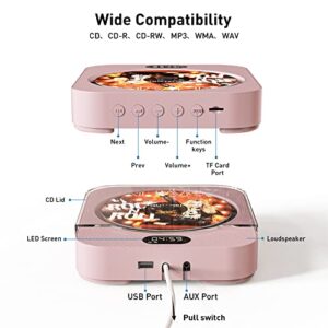 Desktop Vertical CD Player & Wall CD Player for Home with IR Remote Control,Bluetooth Speakers,Wall Mounted CD Music Playe Supports U Disk/SD Card/AUX/FM Radio-Pink