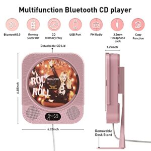 Desktop Vertical CD Player & Wall CD Player for Home with IR Remote Control,Bluetooth Speakers,Wall Mounted CD Music Playe Supports U Disk/SD Card/AUX/FM Radio-Pink