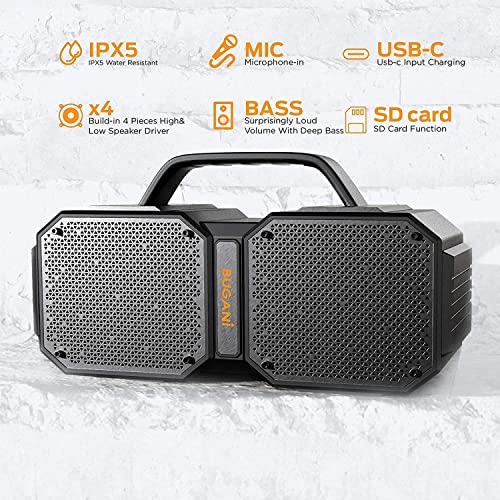 BUGANI Bluetooth Speaker, M83 Upgraded Wireless Waterproof Portable Speakers, Better Bass, Longer Battery Life, Mobile Power, Suitable for Outdoor Travel, Camping,Party