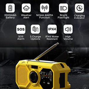 Emergency Weather Radio with Hand Crank Solar Cell Phone Charger, Portable 3500mAh Power Bank NOAA/AM/FM Radio,Battery Power Weather Alert Radios with Flashlights for Emergencies Radio Survial