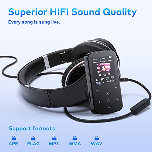 64 GB Clip MP3 Player, ZOOAOXO Music Player with Bluetooth 5.2, HD Screen, HiFi Sound, Voice Recorder, FM Radio, Pedometer, 1.04 oz Ultra-Light, Great for Sports, Card Reader and Earphones Included