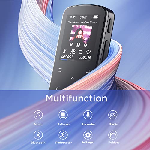 64 GB Clip MP3 Player, ZOOAOXO Music Player with Bluetooth 5.2, HD Screen, HiFi Sound, Voice Recorder, FM Radio, Pedometer, 1.04 oz Ultra-Light, Great for Sports, Card Reader and Earphones Included