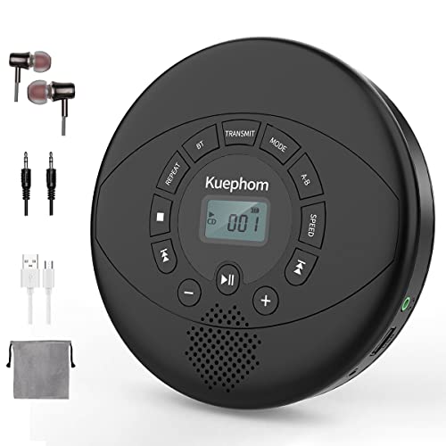 CD Player Portable, Rechargeable Portable Bluetooth CD Player, KUEPHOM CD Walkman with Headphones, Anti-Skip Disc CD Player for Car, Home, Travel with Built-in Speakers, Support USB AUX Input, Black