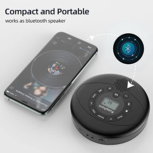 CD Player Portable, Rechargeable Portable Bluetooth CD Player, KUEPHOM CD Walkman with Headphones, Anti-Skip Disc CD Player for Car, Home, Travel with Built-in Speakers, Support USB AUX Input, Black