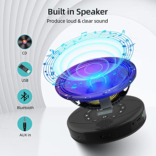 CD Player Portable, Rechargeable Portable Bluetooth CD Player, KUEPHOM CD Walkman with Headphones, Anti-Skip Disc CD Player for Car, Home, Travel with Built-in Speakers, Support USB AUX Input, Black