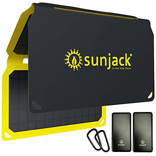 SunJack 25 Watt Foldable IP67 Waterproof ETFE Monocrystalline Solar Panel + 2X 10000mAh Power Banks with USB-A and USB-C for Cell Phones, Tablets and Portable for Backpacking, Camping, Hiking