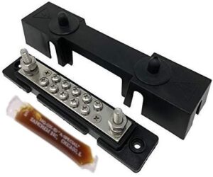 bay marine supply busbar – 10-point power distribution block (150a rating) – #8 terminal screws & two 1/4″ studs – black bus bar (with complimentary electrical grease)