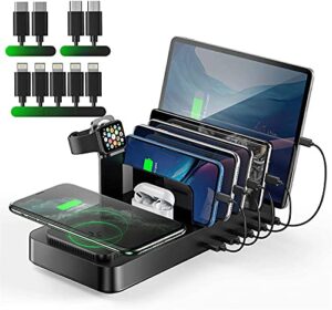 wireless charging station for multiple devices, 8 in 1 usb charging dock with 10w wireless charger and 9 short usb cables for phone/tablets-black