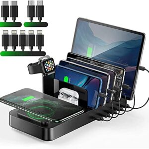 Wireless Charging Station for Multiple Devices, 8 in 1 USB Charging Dock with 10W Wireless Charger and 9 Short USB Cables for Phone/Tablets-Black