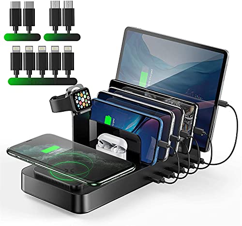 Wireless Charging Station for Multiple Devices, 8 in 1 USB Charging Dock with 10W Wireless Charger and 9 Short USB Cables for Phone/Tablets-Black