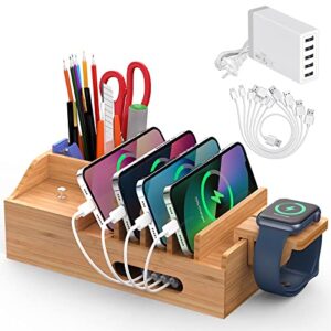 bamboo charging station for multiple devices with 5 port usb charger, 6 charger cables and smart watch stand. wood desktop dock stations electronic organizer for cell phone, tablet, watch, office