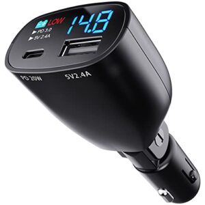 tronger usb c car charger with voltage display 20w pd fast car charger with & usb5v2.4a adapter, car voltmeter meter battery monitor