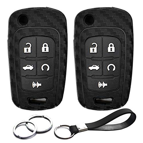 INFIPAR Compatible with Chevrolet Camaro Cruze Equinox Impala Malibu Limited GMC Terrain Buick Lacrosse Regal Flip 5 BTS Carbon Fiber Looks Silicone FOB Key Case Cover Remote Holder, 2pcs