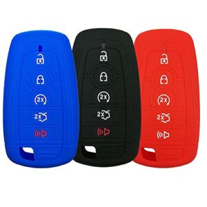 car remote key cover fob silicone outer case for ford escape explorer edge flex focus taurus lincoln mks mustang outer casing shell jacket protector 5 buttons (blue+red+black)
