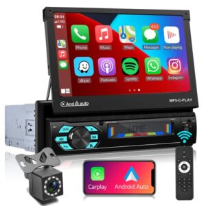 Single Din Apple Carplay Bluetooth Car Stereo with Android Auto,7'' Electric Flip Out HD Touch Screen Car Radio Supports FM Phone Mirror Link EQ,Head Unit with Backup Camera/USB/TF Card/AUX-in Port